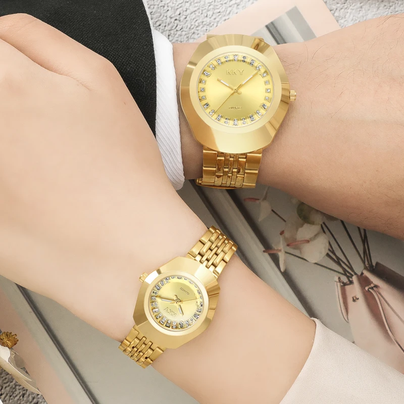 Reloj elegante de acero inoxidable dorado para mujer, reloj de pulsera de cuarzo a la moda de marca de lujo con calendario, reloj resistente al agua