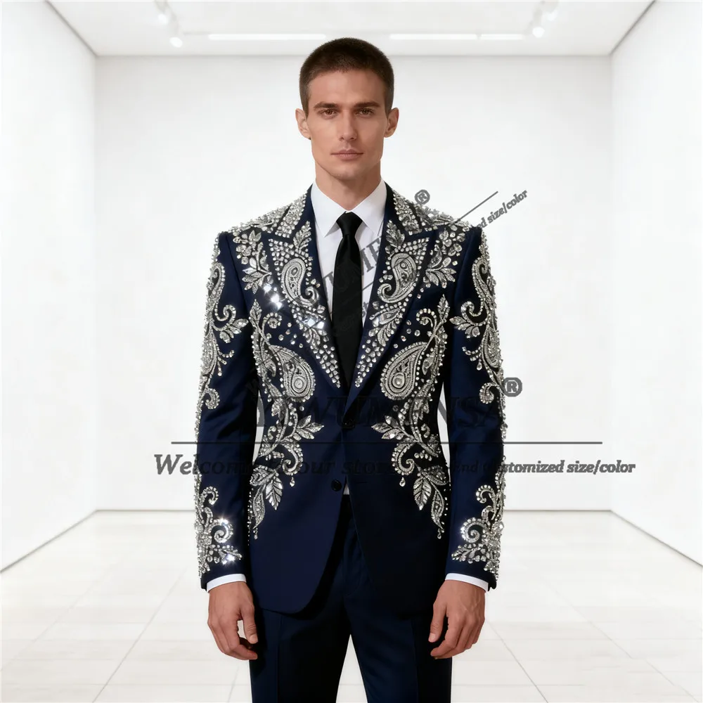 Luxury Rhinestones Beaded Suit Attire For Men Slim Fit Customized Wedding Tuxedos 2 Pieces Set Groom Male Blazer Ternos Completo