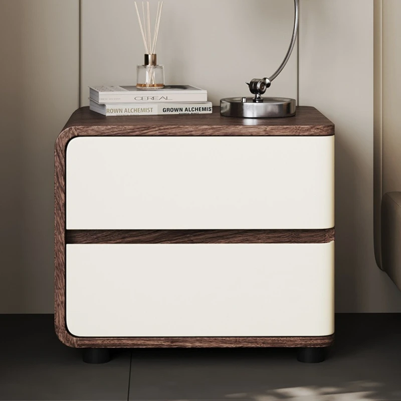 Cream-style Solid Wood Nightstand High-end Feel Wood Grain Leather Storage Nightstand Modern Light Luxury Furniture Comodino JTN