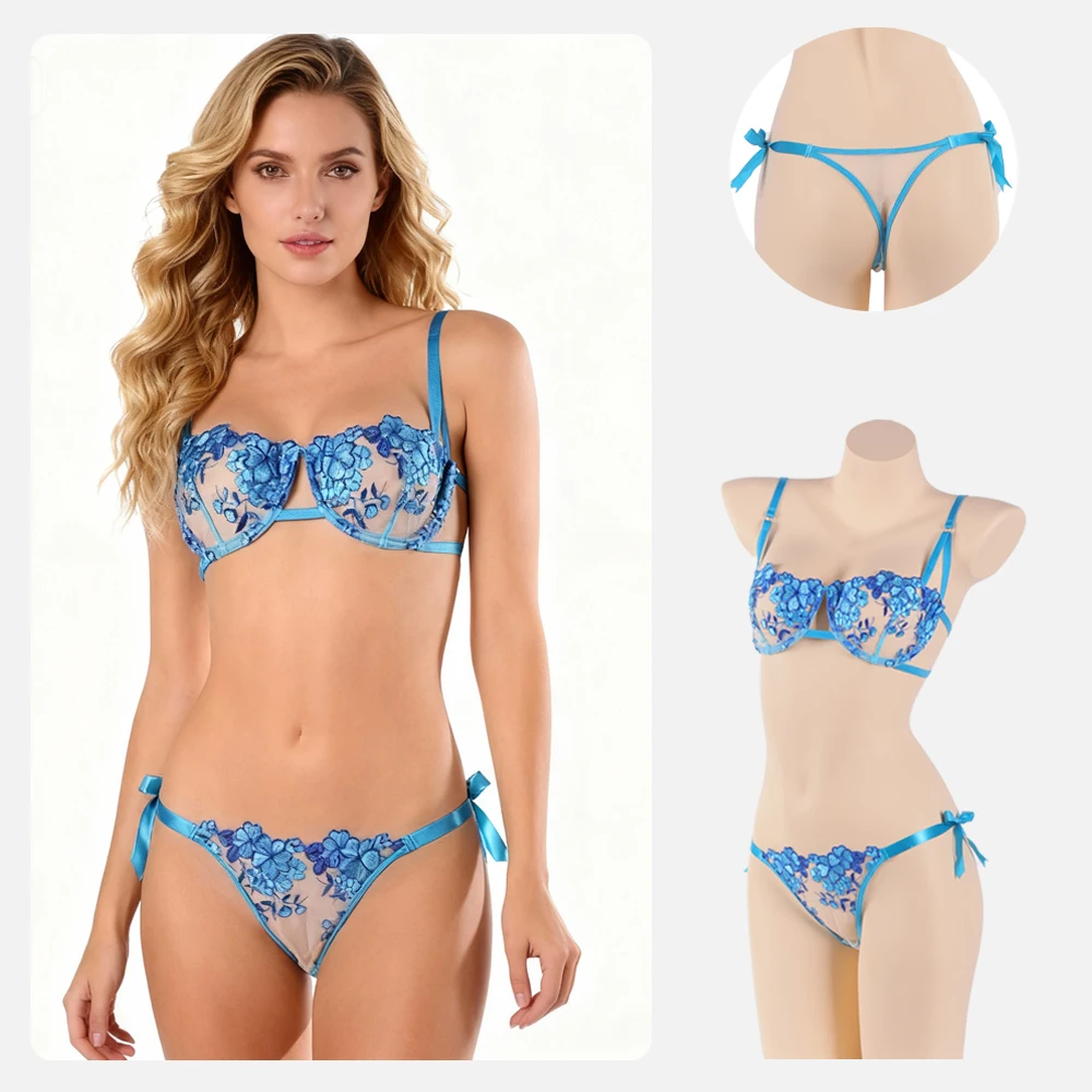 

Women's Pure Sensual Blue Two-Piece Set, Sexy Mesh Embroidery Style, Gathering Without Empty Cups, Romantic Underwear