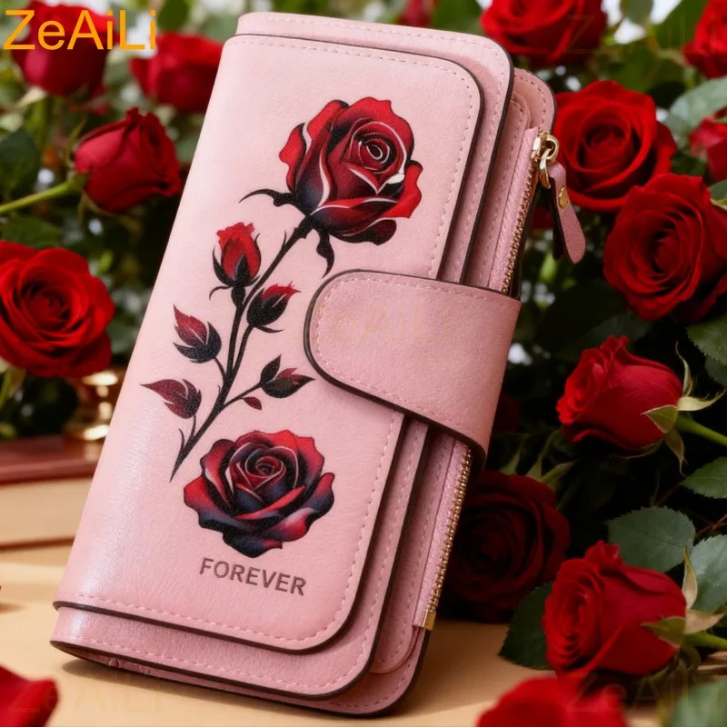 

Red Rose Clutch/purse for women features a zipper and multiple card slots. A perfect zippered coin purse as a gift for any woman