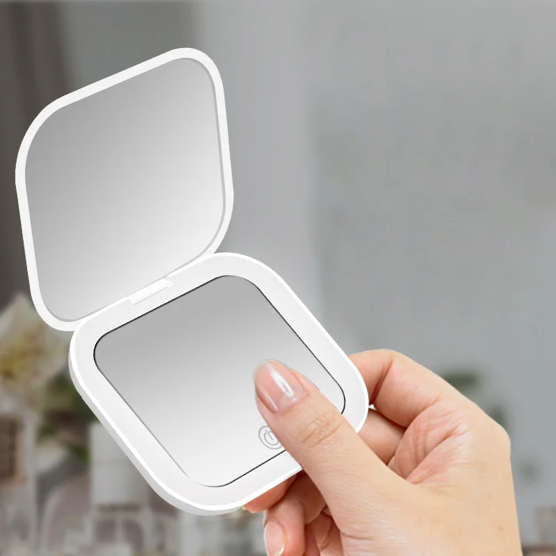 Compact Mini Gift Vanity Folding Cosmetic Mirror with Lights Portable Hand Held Small Pocket Travel Makeup Mirror 2X magnifying