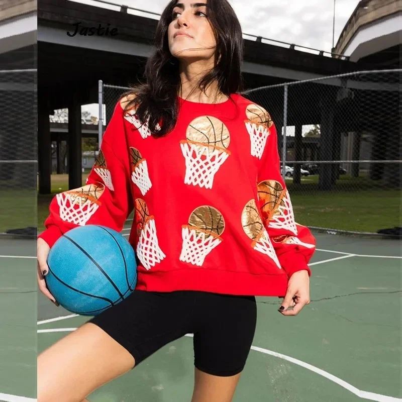 Sequin Basketball Sweater For Women Casual Loose Fitting O-Neck Long Sleeve 3D Print Office Lady Style 2024 Pullover Sport Shirt