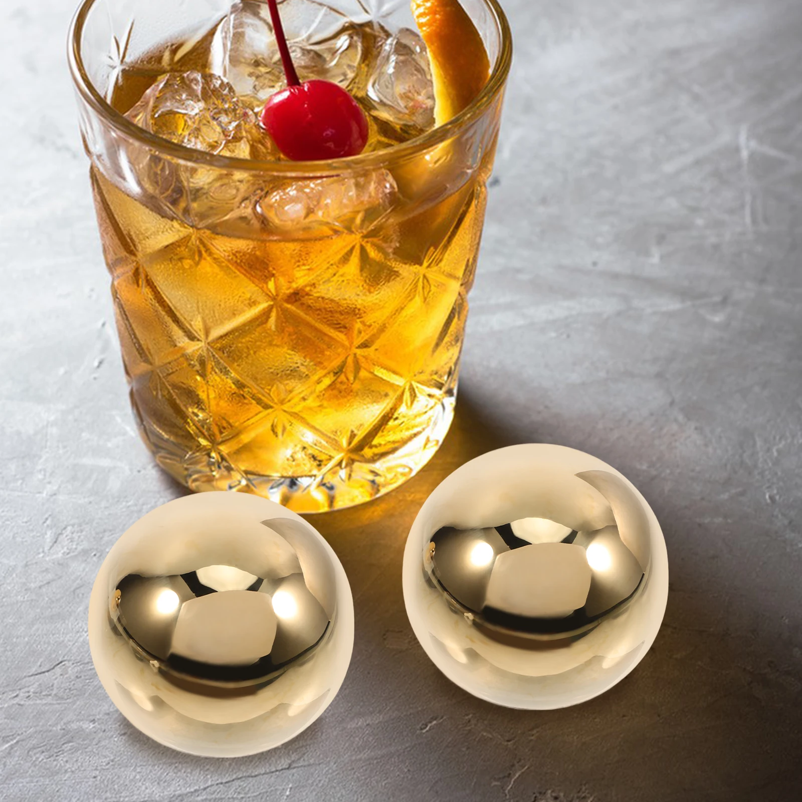 

2Pcs Golden Stainless Steel Ice Balls Reusable Whiskey Stones Beverage Chilling Rocks Gift Set