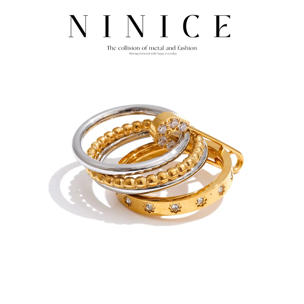 NiNice Stainless Steel 4-Layer Pin Stacked Ring for Women Stylish Unique Design Distinctive Chic Jewelry Wholesale
