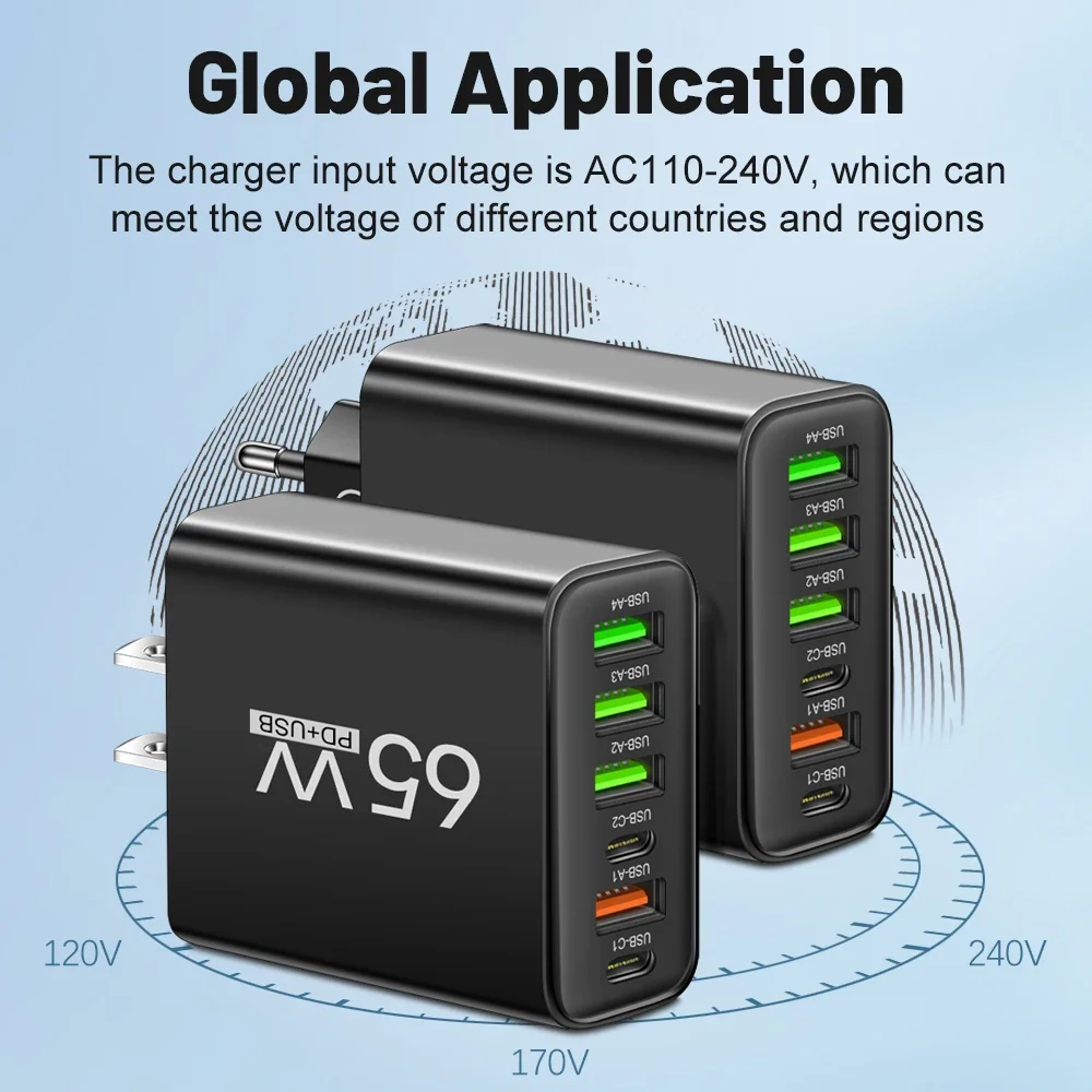 Общая 65 Вт 6 в 1 4 USB 2 Type C Быстрая зарядка Быстрое настенное зарядное устройство для iPhone Samsung Huawei Xiaomi Oppo Адаптер для мобильного телефона