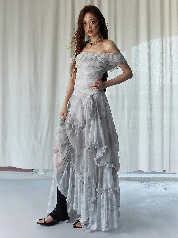 Hochwertiges Bedrucktes Damenkleid in Hellgrau mit Rüschen Elegantes Langes Kleid Neuer Schulterfrei-Ausschnitt Kurzarm Mode Frühling Sommer 2026 BCX87