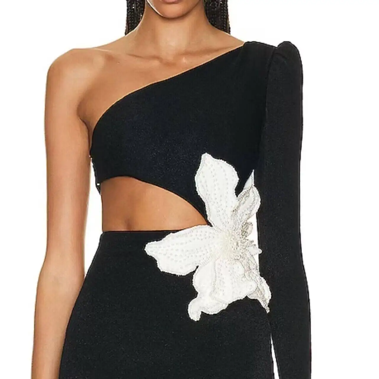 New Arrvial Women One Shoulder Long Sleeve Bandage Midi Dress Hollow Out Bodycon Celebrity Party Evening Flower Decoration Dress