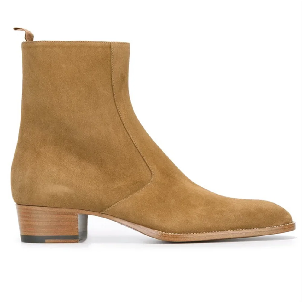 Bottes Chelsea en daim pour hommes, faites à la main, talon compensé de 4cm, fermeture éclair, coupe cintrée, qualité