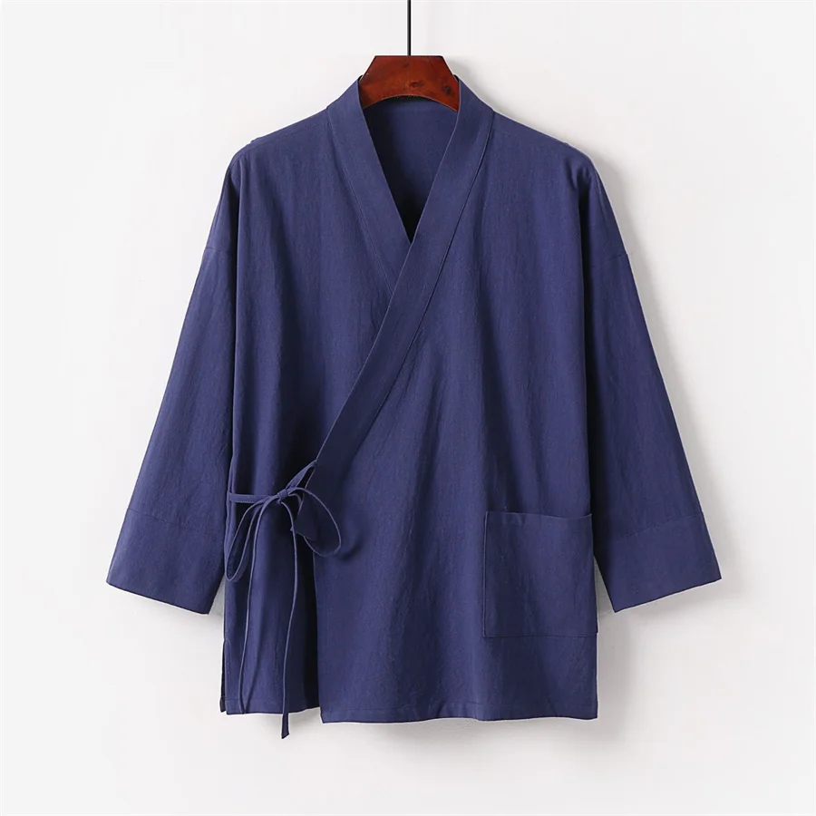 Niebieskie męskie letnie lniane zestawy dwuczęściowe Sznurowane topy kimono i długie spodnie Męski garnitur Hanfu Tang Plus Size