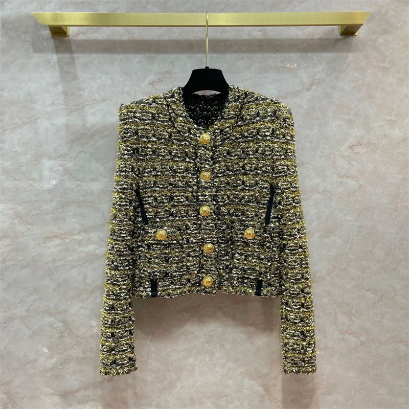 High-quality autumn new round neck tweed knitCardigan with metal button decoration for womenFashionable retro slim fit tweed top