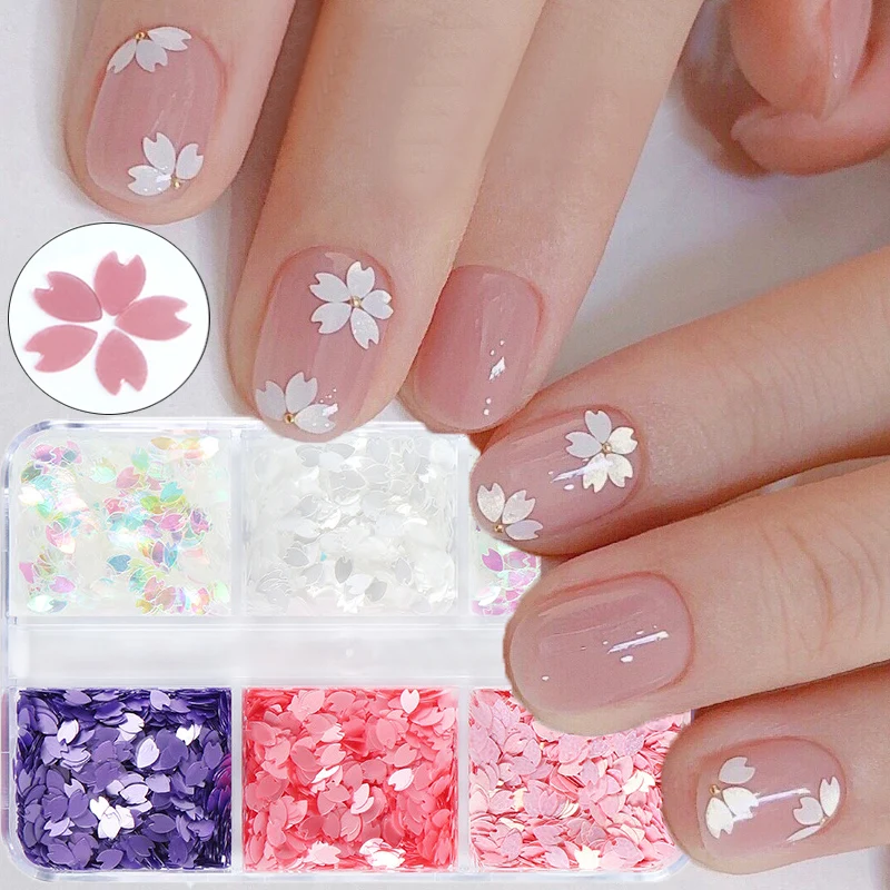 6 grades sakura flor prego lantejoulas flor de cerejeira pétala glitter adesivos primavera holográfica arte do prego flocos manicure decorações