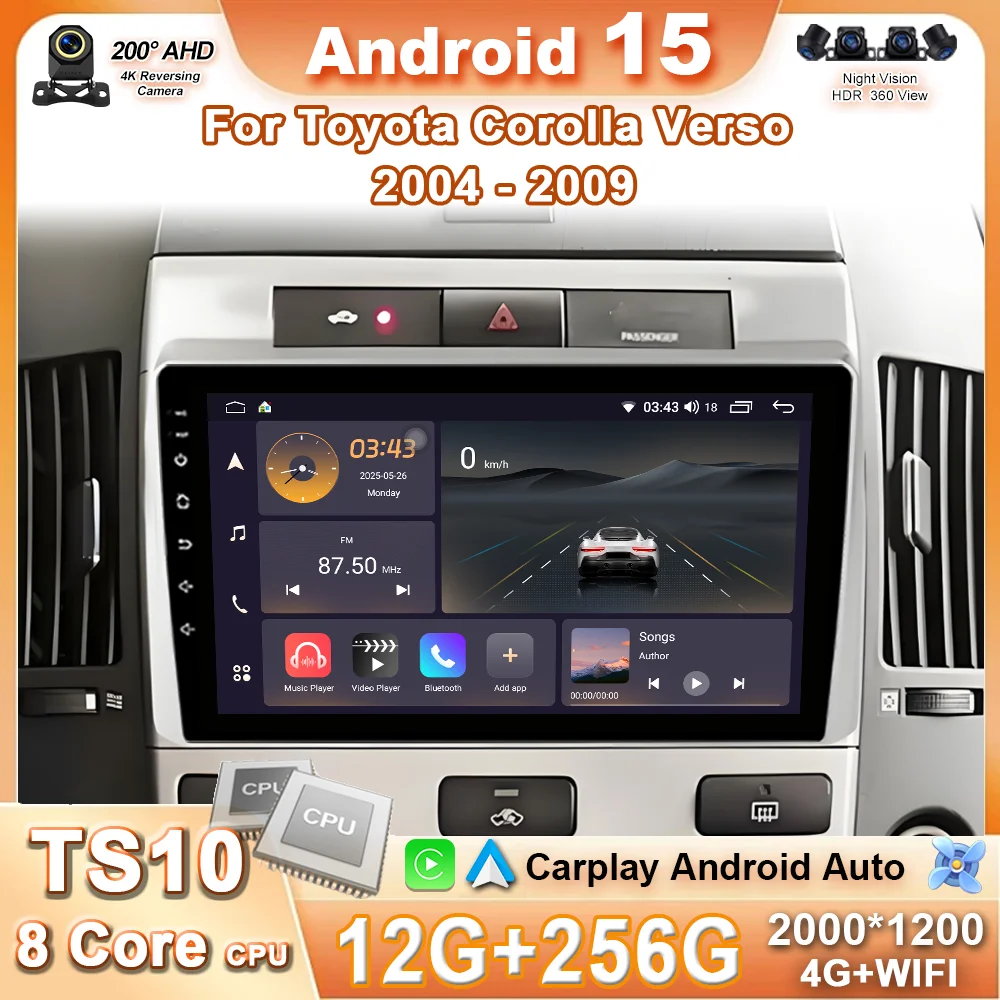 

Carplay Stereo Car Radio For Toyota Corolla Verso 2004 - 2009 Auto Multimedia Video Player 8 Core Android Autoradio GPS WIFI BT