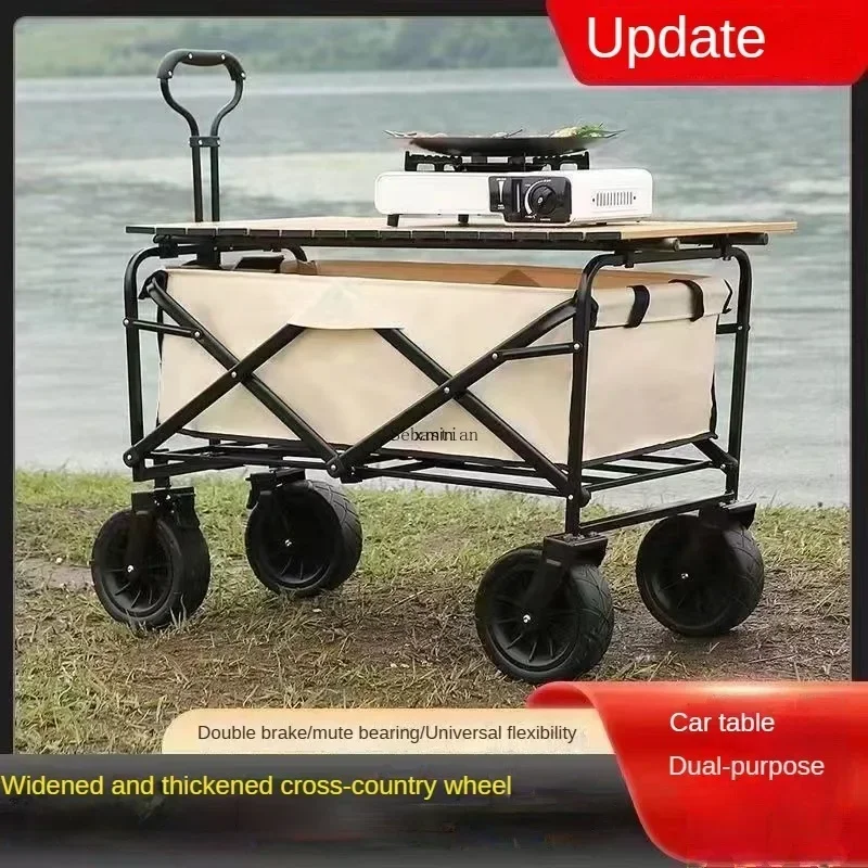 Outdoor Trolley with Lift Adjustable Rod & Table Board Camper Foldable Trailer Pull Rod Rear Wagon Cart for Picnic Trolley