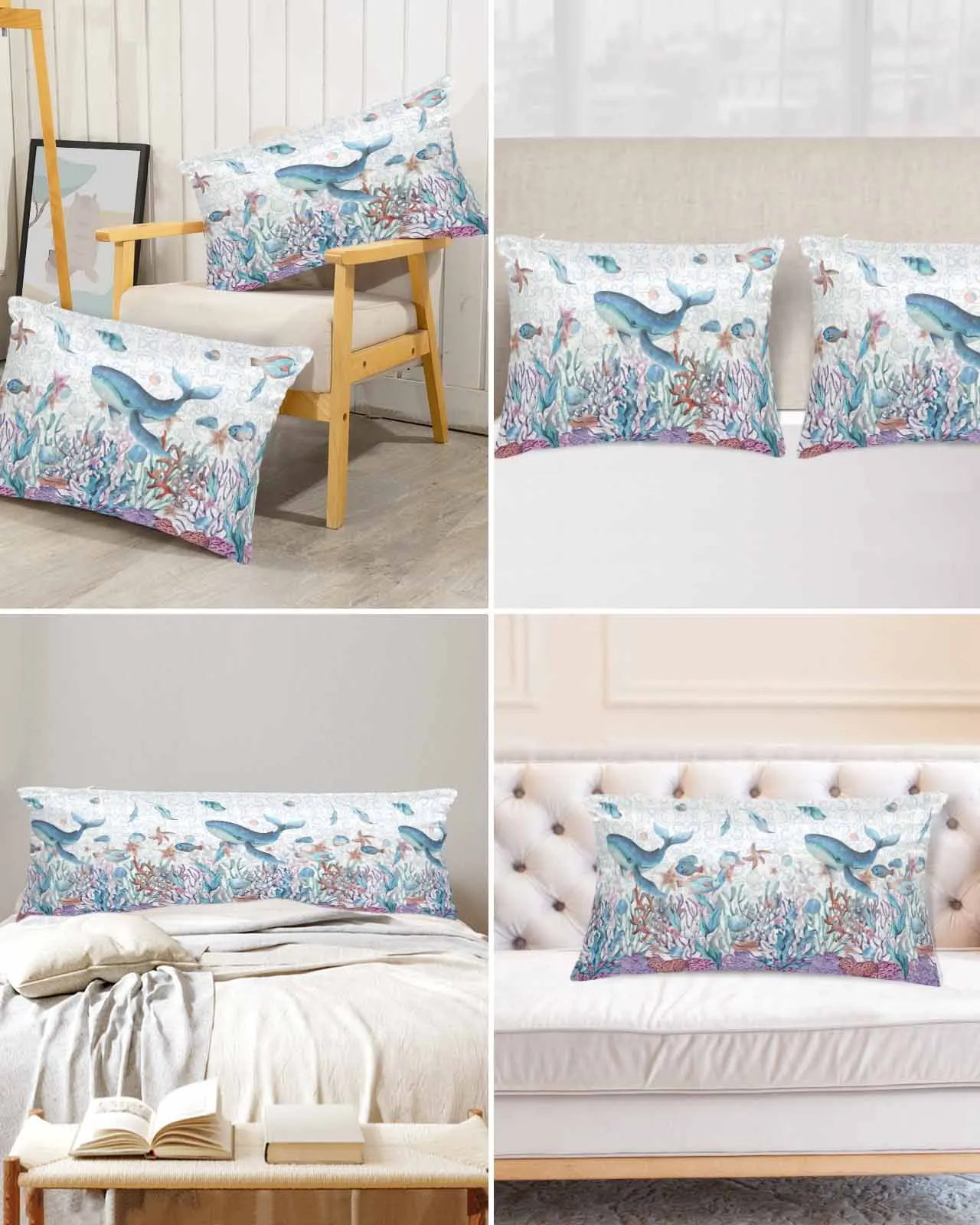 

Summer Watercolor Ocean Shells Whales Starfish Bed Satin Pillowcase Sofa Pillow Cover Case Bedroom Satin Cushion Covers Home