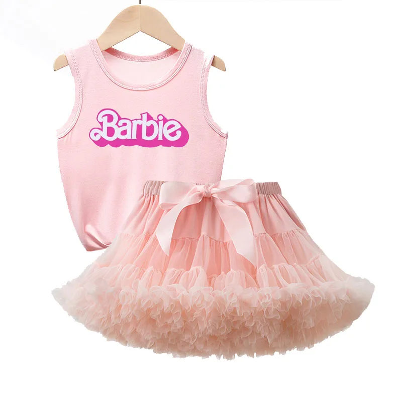 Kawaii Cartoon Anime Barbie Girls Sleeveless Princess Skirt Suit Sweet Cute Sleeveless Top Mesh Tutu Skirt Two-Piece Set