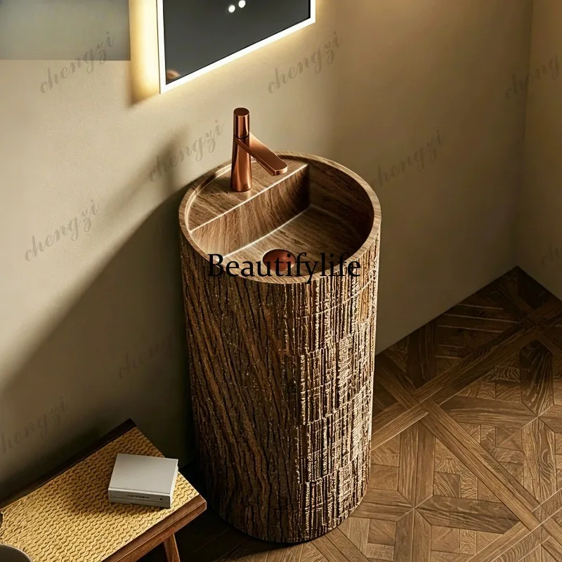 Wabi Sand medieval style wash basin integrated floor type, face wash table, art, wood grain column basin