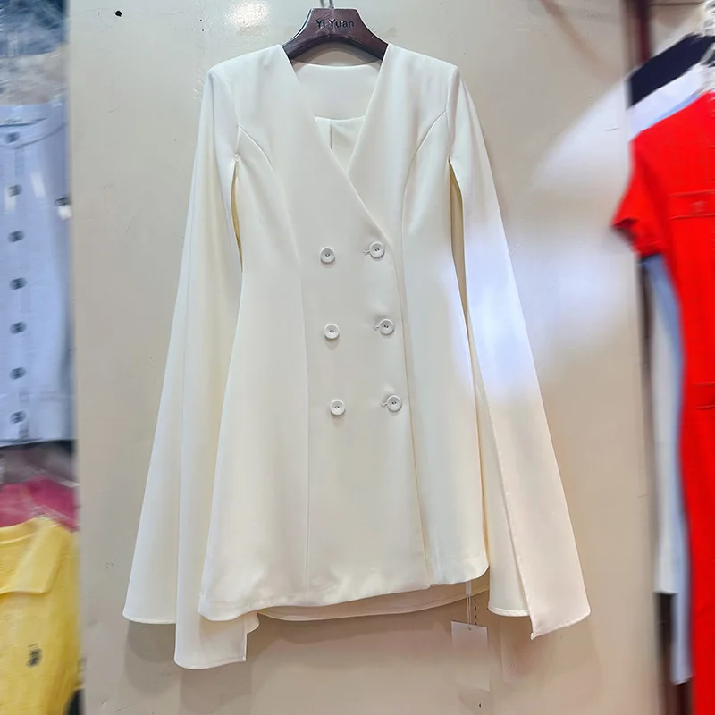 

2025 Spring Niche Double Breasted V Neck Cape Solid Color Suit Dress Skirt blazer