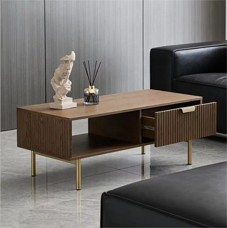 Mesa de Centro Ecológica de MDF con Patas Metálicas, Panel Vertical y Cajón, Superficie Lisa y Duradera #