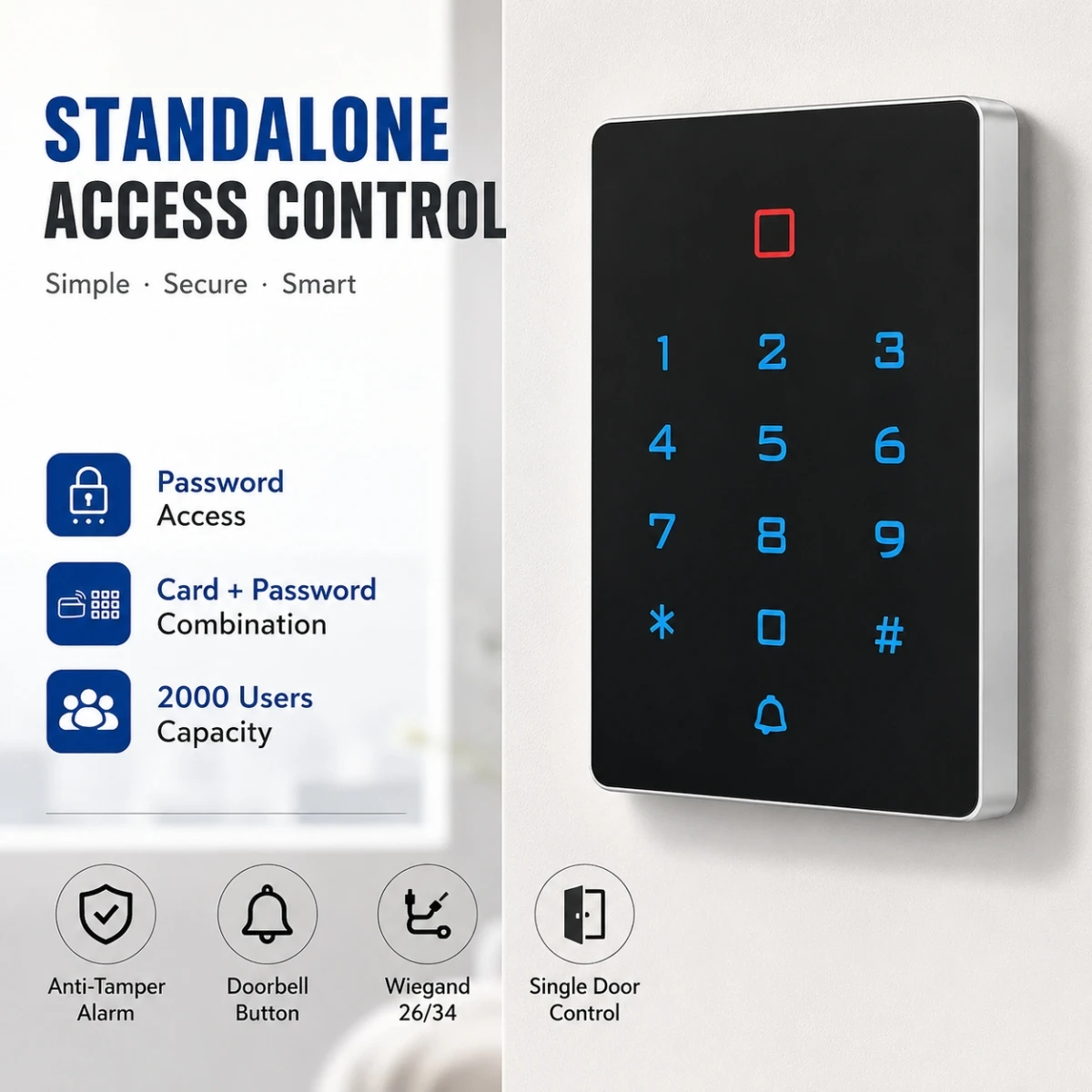 Standalone Access Controller Waterproof 125KHz RFID Card Password 2000 Users Touch Keypad Door Entry System Wiegand 26/34