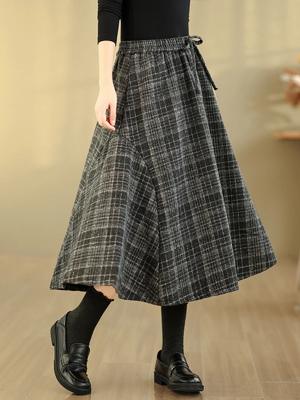 레트로 하이웨이스트 A라인 체크 스커트 여성용 겨울 루즈핏 허리 슬림 미디 스커트 캐주얼 인조 퍼 소재