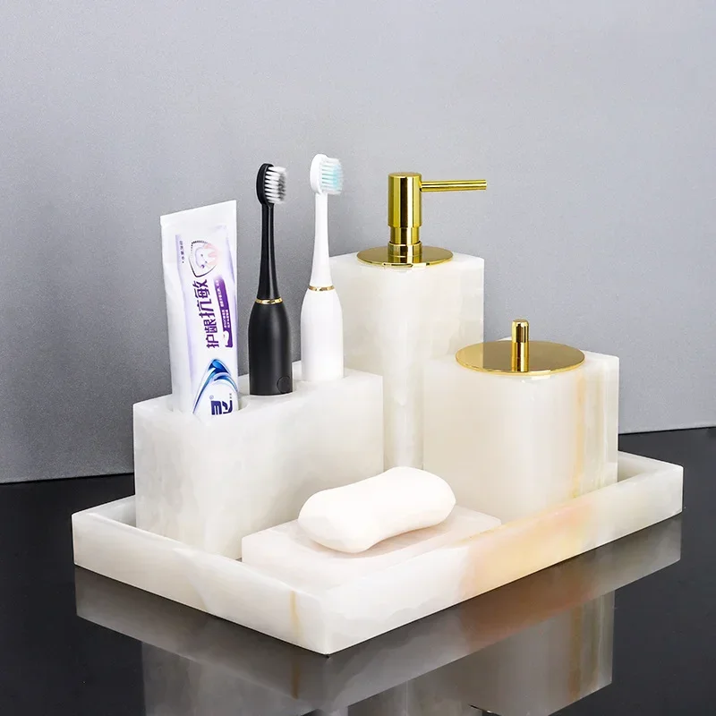 Countertop Bath Freedom collocation,Lotion /Soap Dispenser,Toothbrush Cup Holder Tumbler,Cotton Jar and Vanity Tray,Marble White