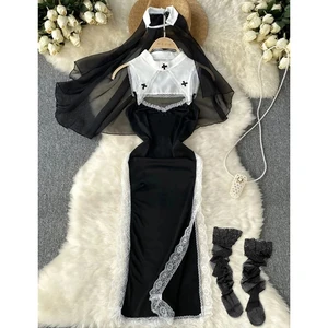 Slim Split Sexy, Hollow, butterfly embroidery dress, divided suit, pure traditional mesh, cheongsam stripe Main Main Sales Dress with Bow - №9