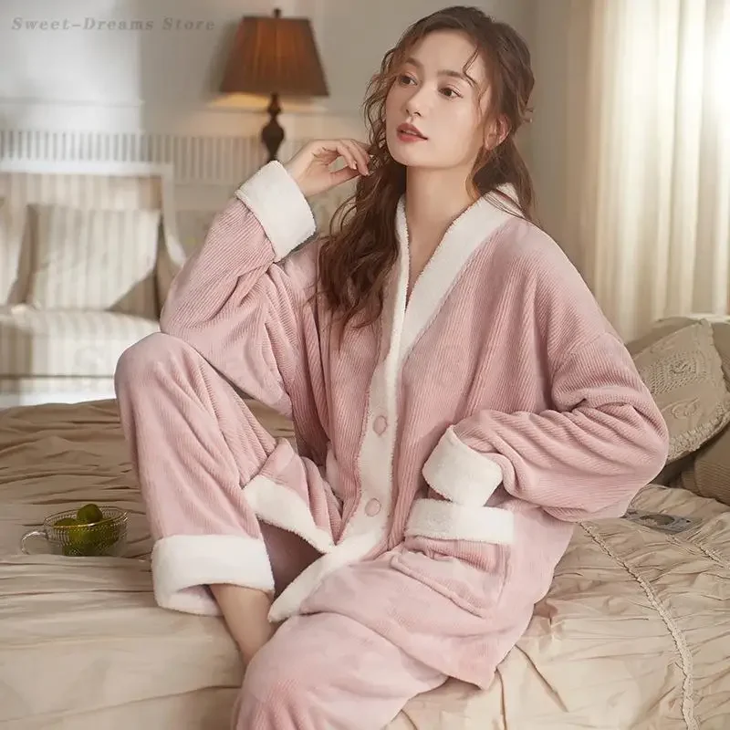 

Women Warm Sleepwear Autumn Winter Flannel Pajamas Set Long Sleeve Cardigan Loungewear Suit 2PCS Nightwear Homewear Pijama Mujer