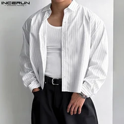 INCERUN Tops 2025 Korean Style Men's Casual Simple Striped Cropped Shirt Fashion Streetwear Male Hot Selling Long Sleeved Blouse