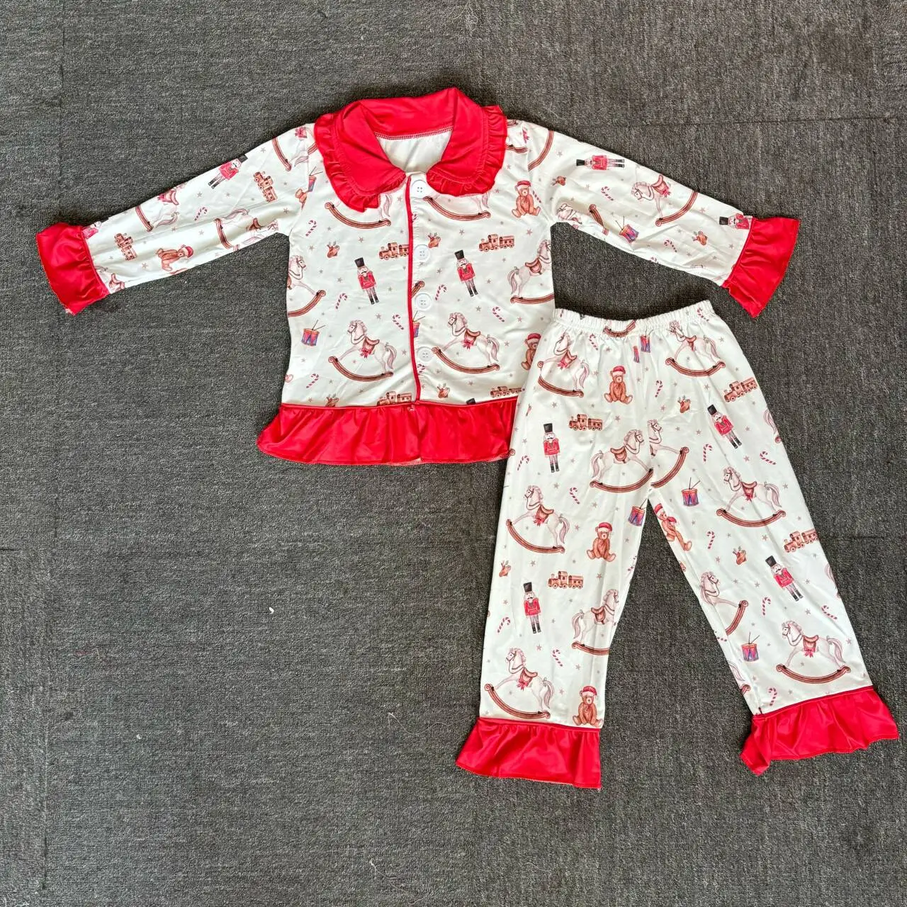 New children's summer clothes sports suit dog head print red shorts with pearl design matching milk silk suit