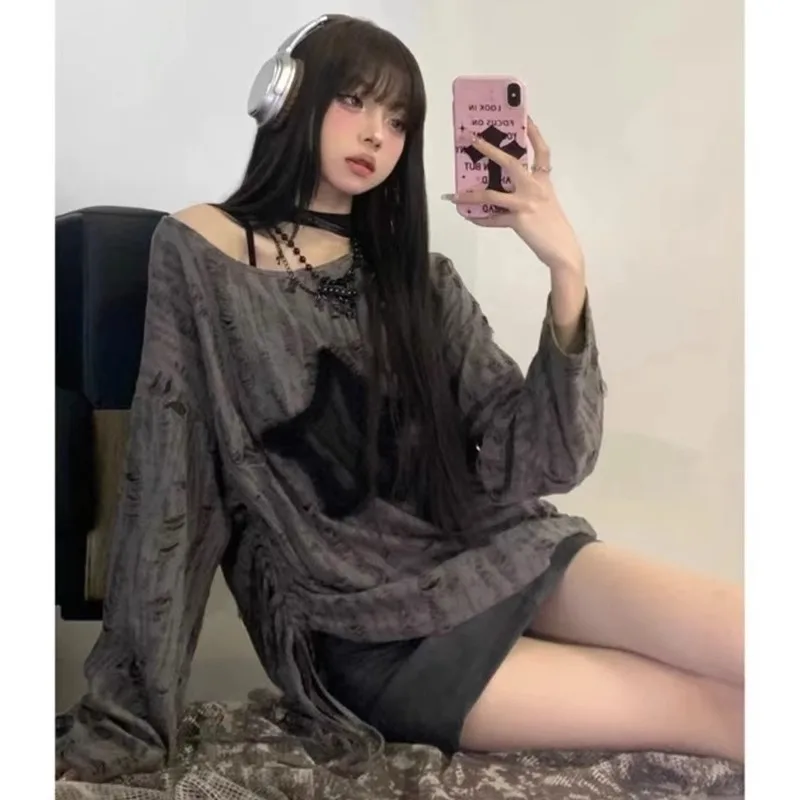 2024 Autumn Women New Y2K Hole Star Print Sweater Fashion Streetwear Off Shoulder Tops Oversize Kpop Long Sleeve Loose Outwear