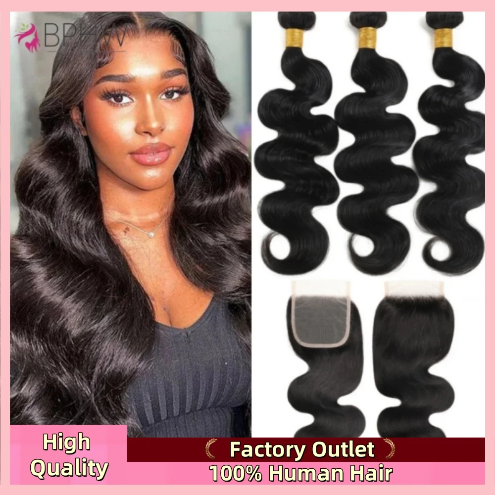 

BPHW Body Wave 30Inch Bundles With Closure 100% Human Hair Extensions Peruvian Hair For Black Women Natural Color Remy Hair