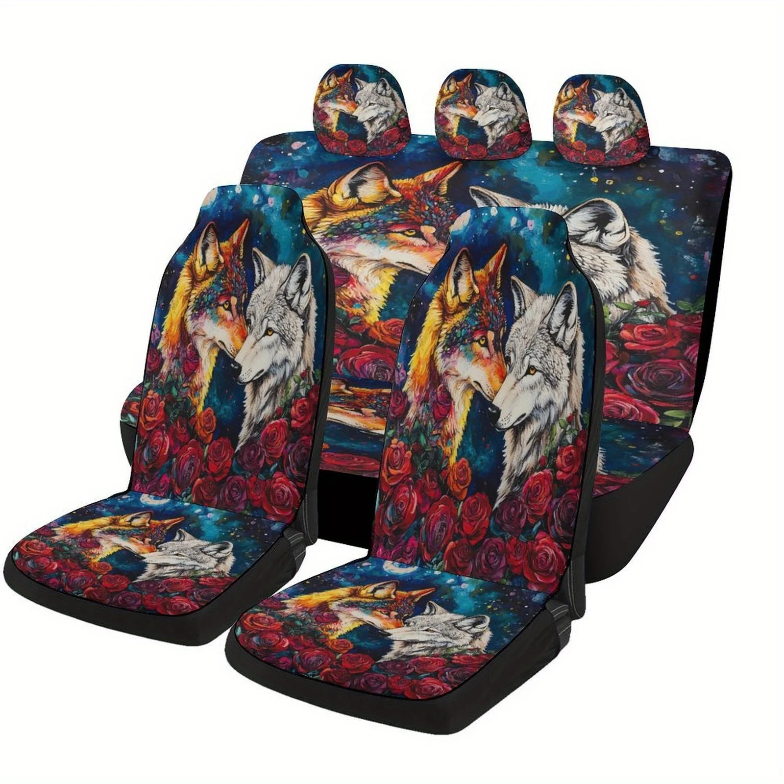 Car Seat Cover Set Featuring A Wolf And Roses Design, Suitable For Various Vehicles. Stylish And Custom-Made, These High-Quality
