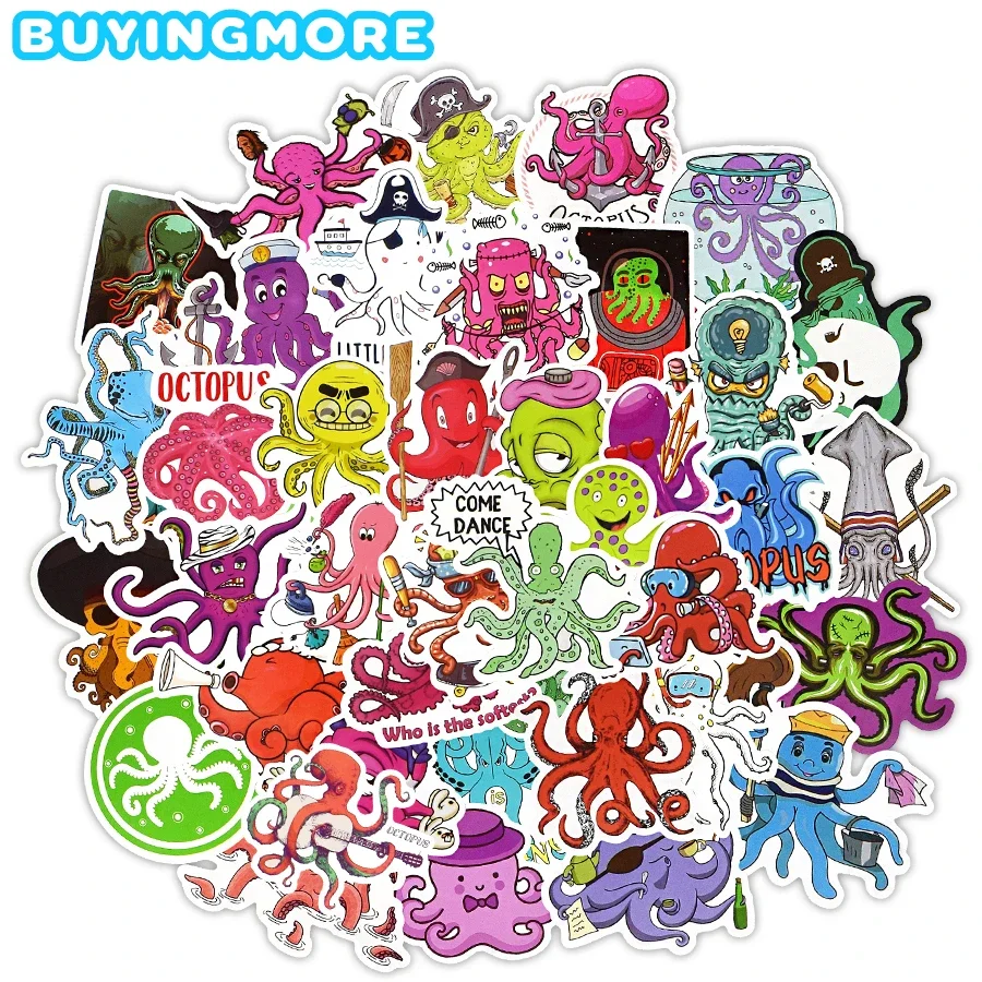 50 PCS Octopus Cartoon Stickers Cool Cute Funny Animal Anime Waterproof Stickers for Kids DIY Scrapbook Bike Toys Decoration