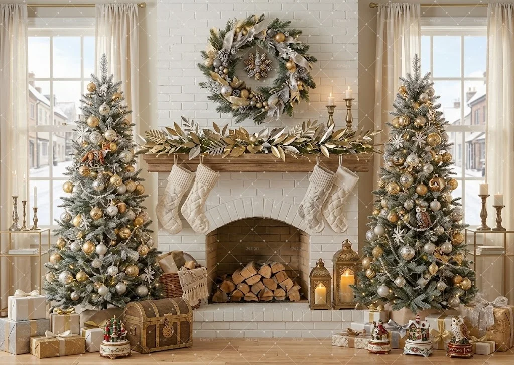 White Brick Christmas Room Photography Backdrop Arch Snow Window Fireplace Xmas Tree Gift Box Scene Studio Decor Prop