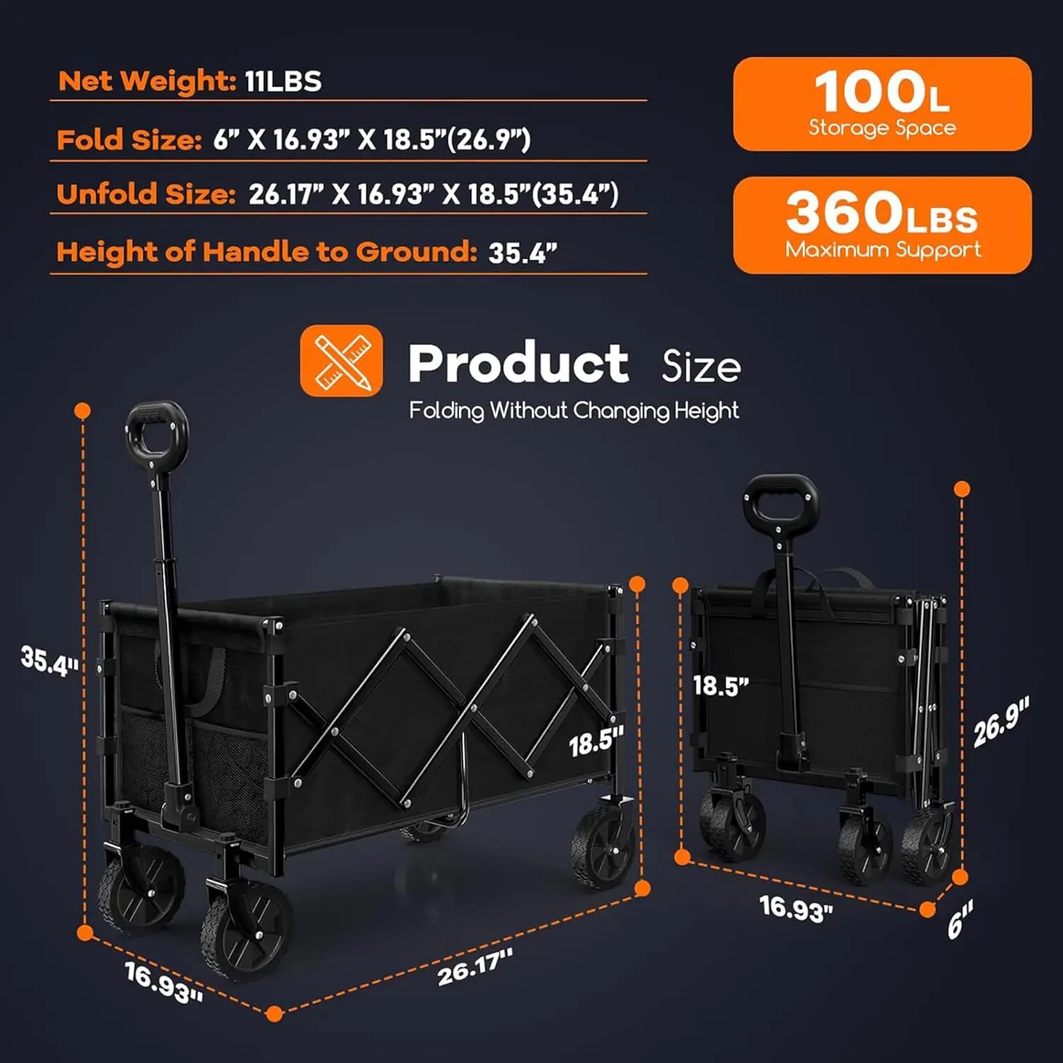 Collapsible Wagon Cart Foldable, Portable Heavy Duty Folding Beach Wagon with Wheels, Outdoor Utility Carts for Shopping Camping