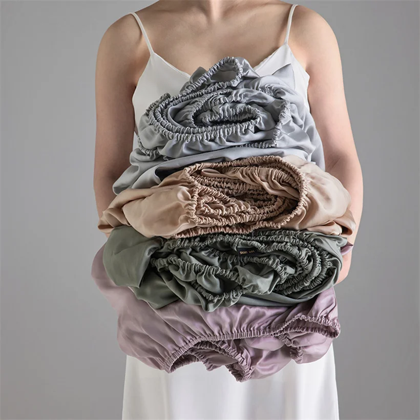 Natural Mulberry Silk Bed Cover Soft Silk Fitted Sheet with Elastic Straps Hypoallergenic Beauty Luxury High-End Bedding Sheets