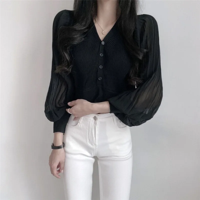 Cardigan Women V-neck Lantern Sleeve Pleated Loose Elegant Streetwear Comfortable Trendy Office Lady Leisure All-match Korean