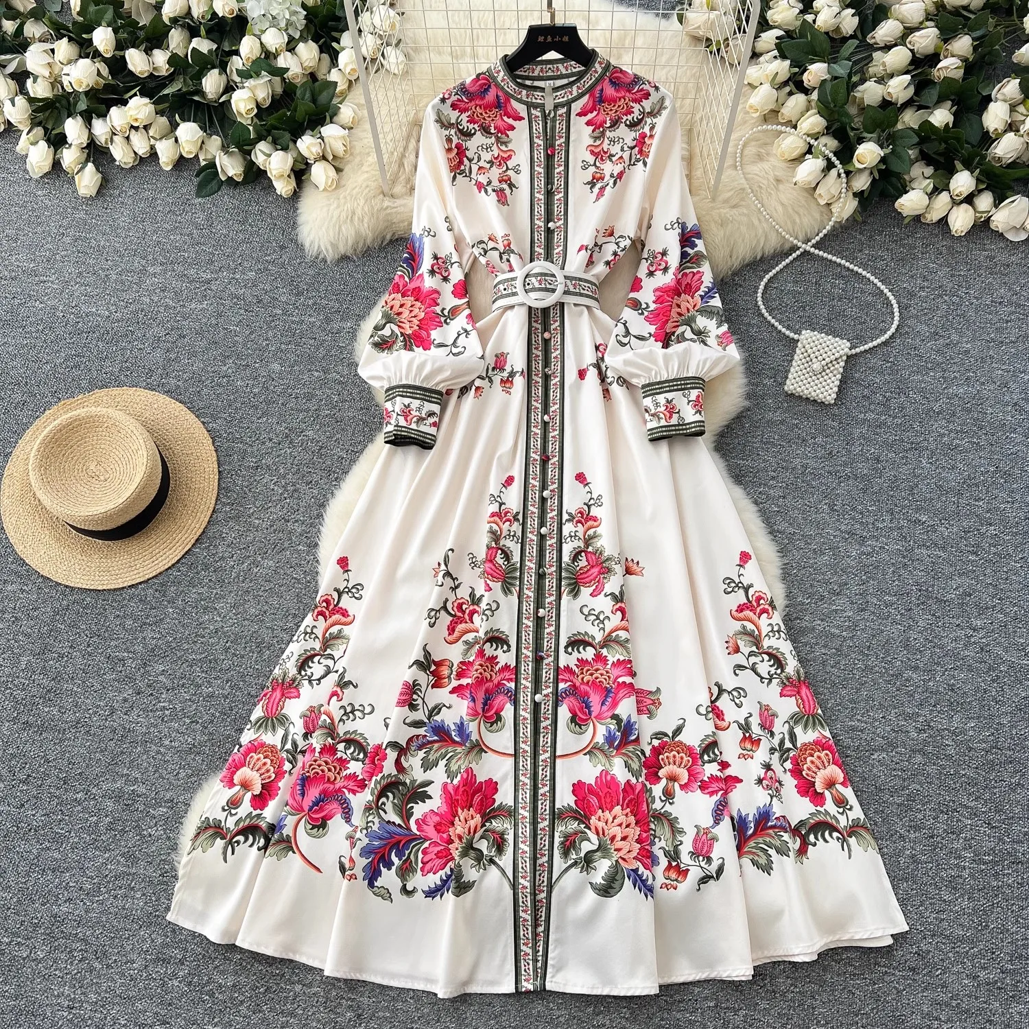 

2025 Spring Vintage Flower Maxi Dress Women's Lantern Sleeve Stand Single-Breasted A-Line Floral Printed Belt Long Robe Vestidos