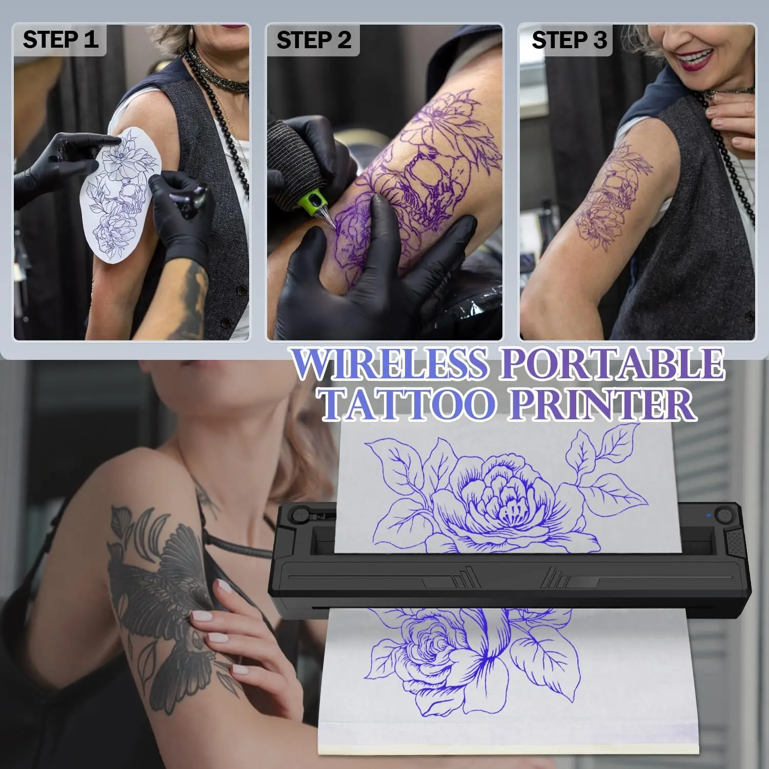 Beginners&Tattooists Wireless Thermal Tattoo Printer Portable Bluetooth Mini Tattoo Stencil Printer Works for Phone/Tablet/PC