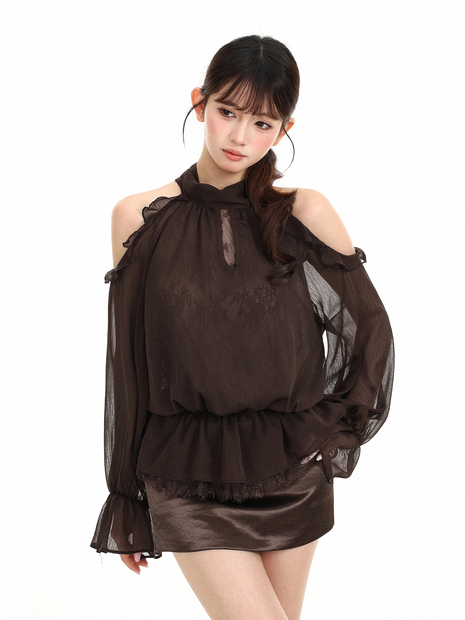 Shoulder Bared Long Sleeve Women's T-shirt Neck Hanging Bell Sleeve Slimming Effect Pure Color Korean Style Autumn Top