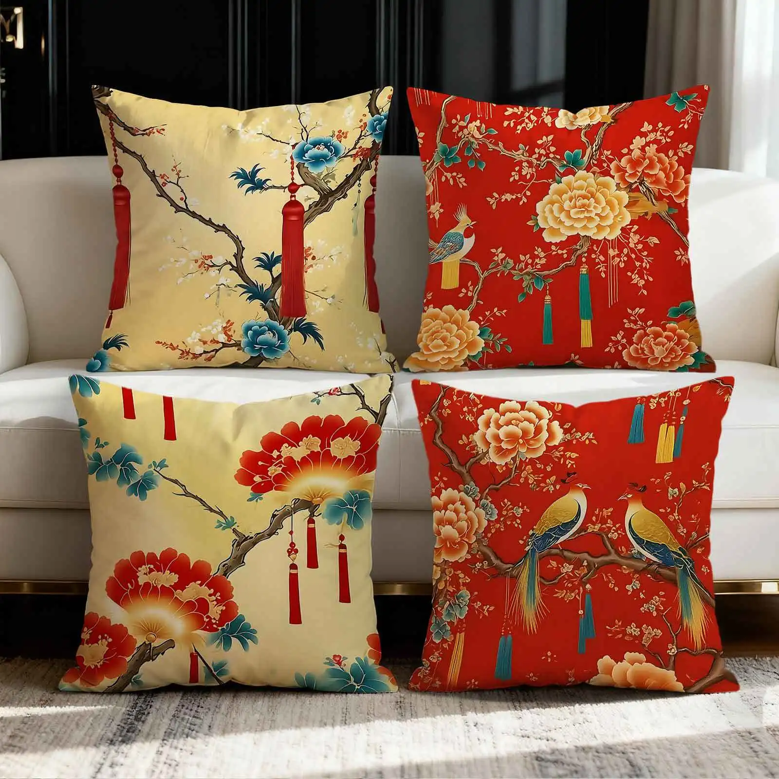 Peony and Plum Blossom Design digital printing pillow cover Short plush Suitable living rooms bedrooms sofas throw cushion cover