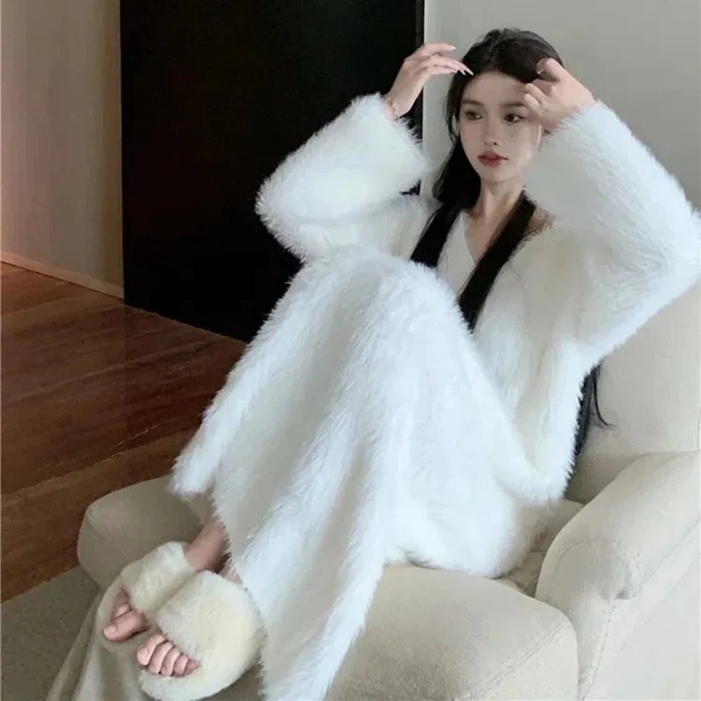 Plus Size 5XL 140KG Winter Women Fleece Sleep Dress Solid Color Nightdress V Neck Long Sleeve Home Wear Sweet Nightgown