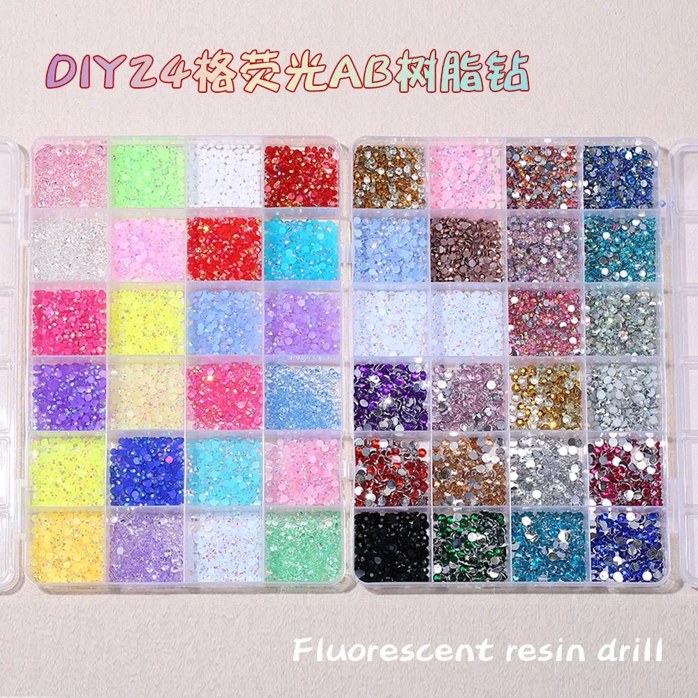 24 grids fluorescence Round Resin Flat Bottom Color Glitter Nail Charms Rhinestones DIY 3D Nail Art Decoration Accessories