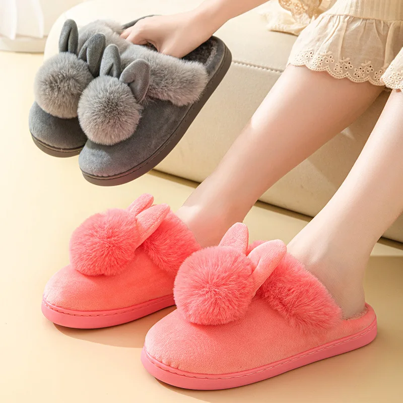 Women'S Winter Plush Rabbit Ear Indoor Cotton Mop Thick Soft Sole Slides Men Women Indoor Floor Flat Home Non-Slip Shoes ﻿