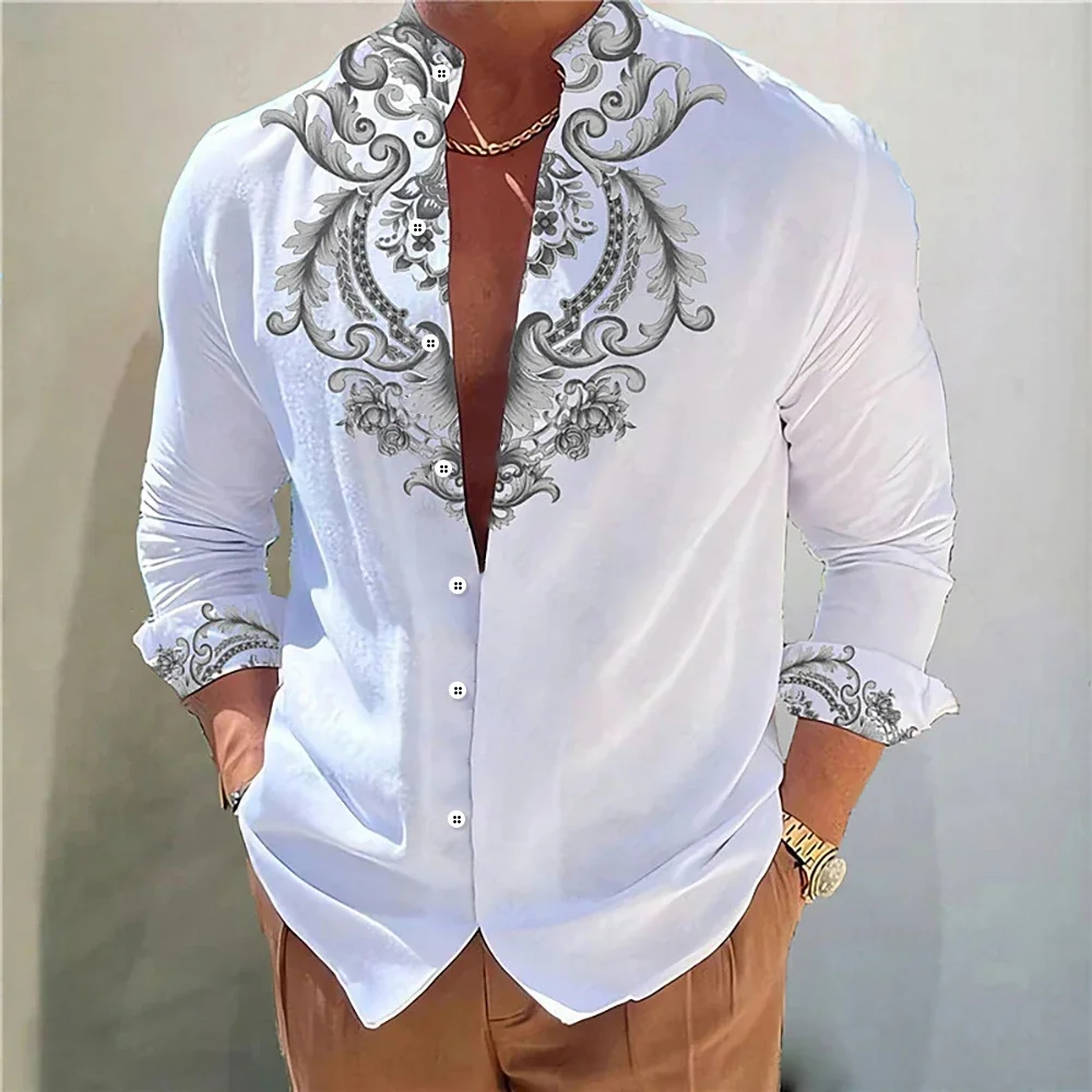 Men\'s shirt floral pattern 3D HD printing stand collar golden rose outdoor street long sleeve shirt large size XS-6XL