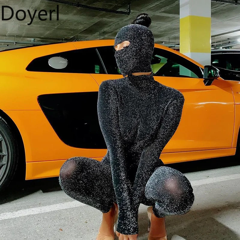 

Doyerl Glitter Sexy Jumpsuits Women Party Night Club Long Sleeve Skinny Bodycon Romper Open Back One Piece Overalls with Hoods