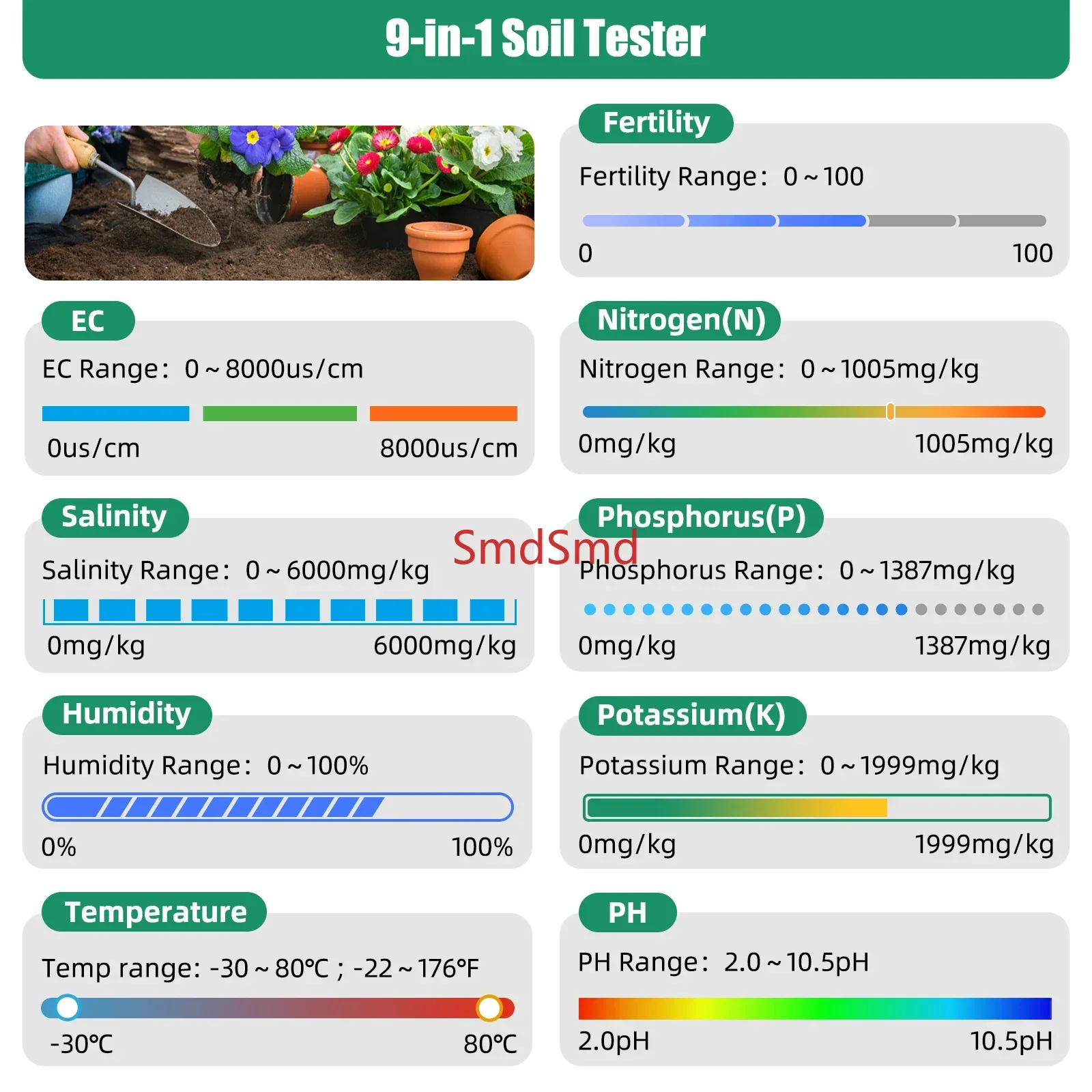 9 in 1 Soil Tester Digital NPK Sensor PH EC Meter Temperature Moisture Salinity Fertility Detector Analyzer for Garden