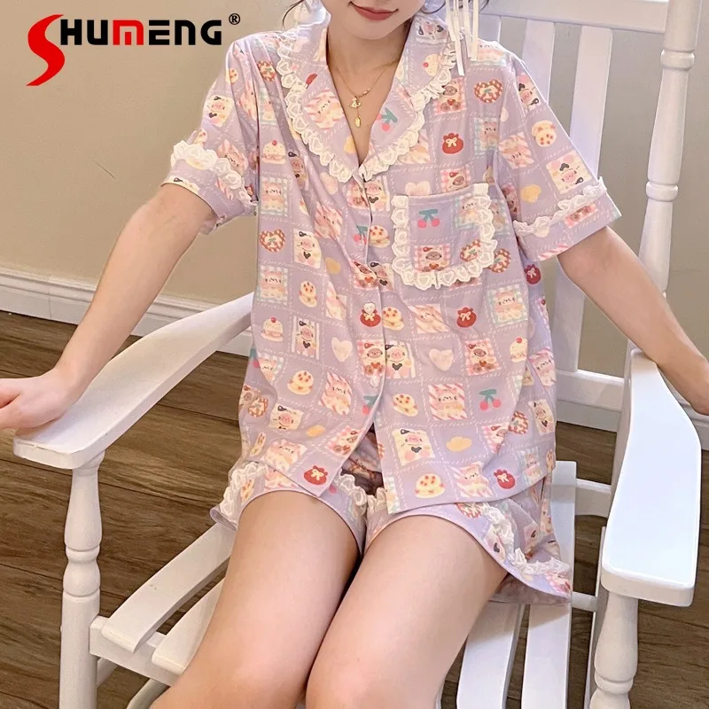 

Фиолетовый клетчатый милый домашний комплект для женщин: пижама с коротким рукавом и принтом, летний хлопковый спальный костюм в японском стиле