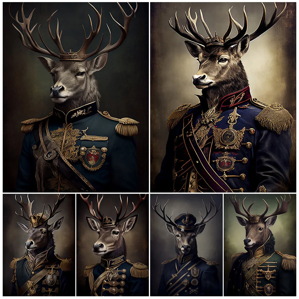 

Military Stag Portrait Vintage Wall Art Canvas Painting Animal Lover Vintage Regal Stag Art Poster Print Home Decor Unframed